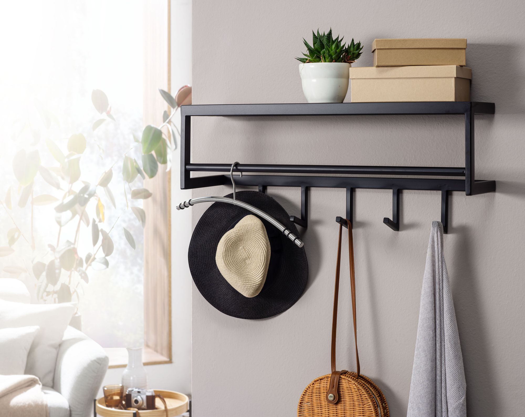 Wandgarderobe FineBuy Garderobe Metall 70 cm Schwarz Flur Hakenleiste mit Ablage – Ansicht 2