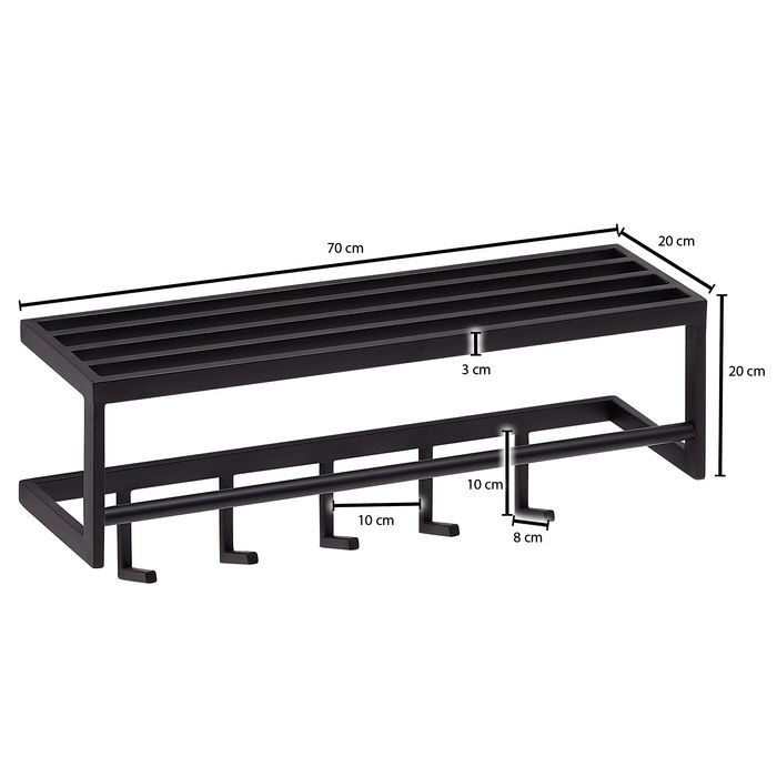 Wandgarderobe FineBuy Garderobe Metall 70 cm Schwarz Flur Hakenleiste mit Ablage – Maßzeichnung
