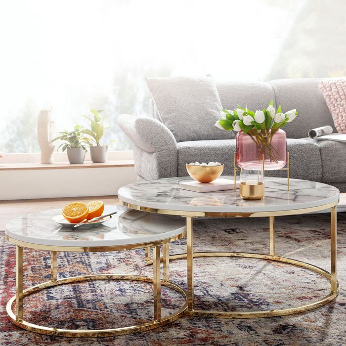 FineBuy Couchtisch 2er Set Weiß Marmor Optik Sofatisch Rund Modern, Beistelltisch 2-teilig Metall, Runde Wohnzimmertische, Design Satztische