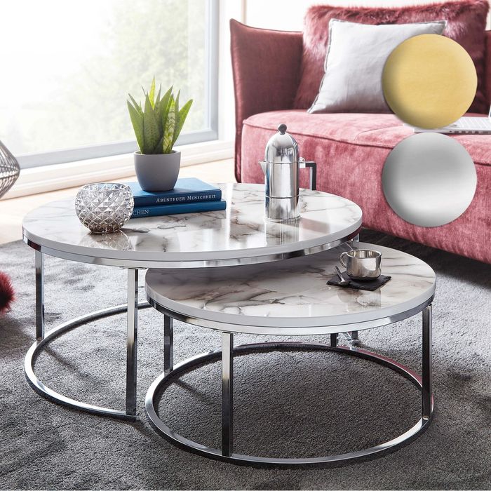 FineBuy Couchtisch 2er Set Weiß Marmor Optik Sofatisch Rund Modern, Beistelltisch 2-teilig Metall, Runde Wohnzimmertische, Design Satztische