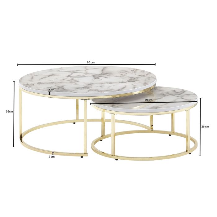 Couchtisch FineBuy Sofatisch 2er Set Weiß Marmor Optik Satztisch Tisch Rund – Maßzeichnung