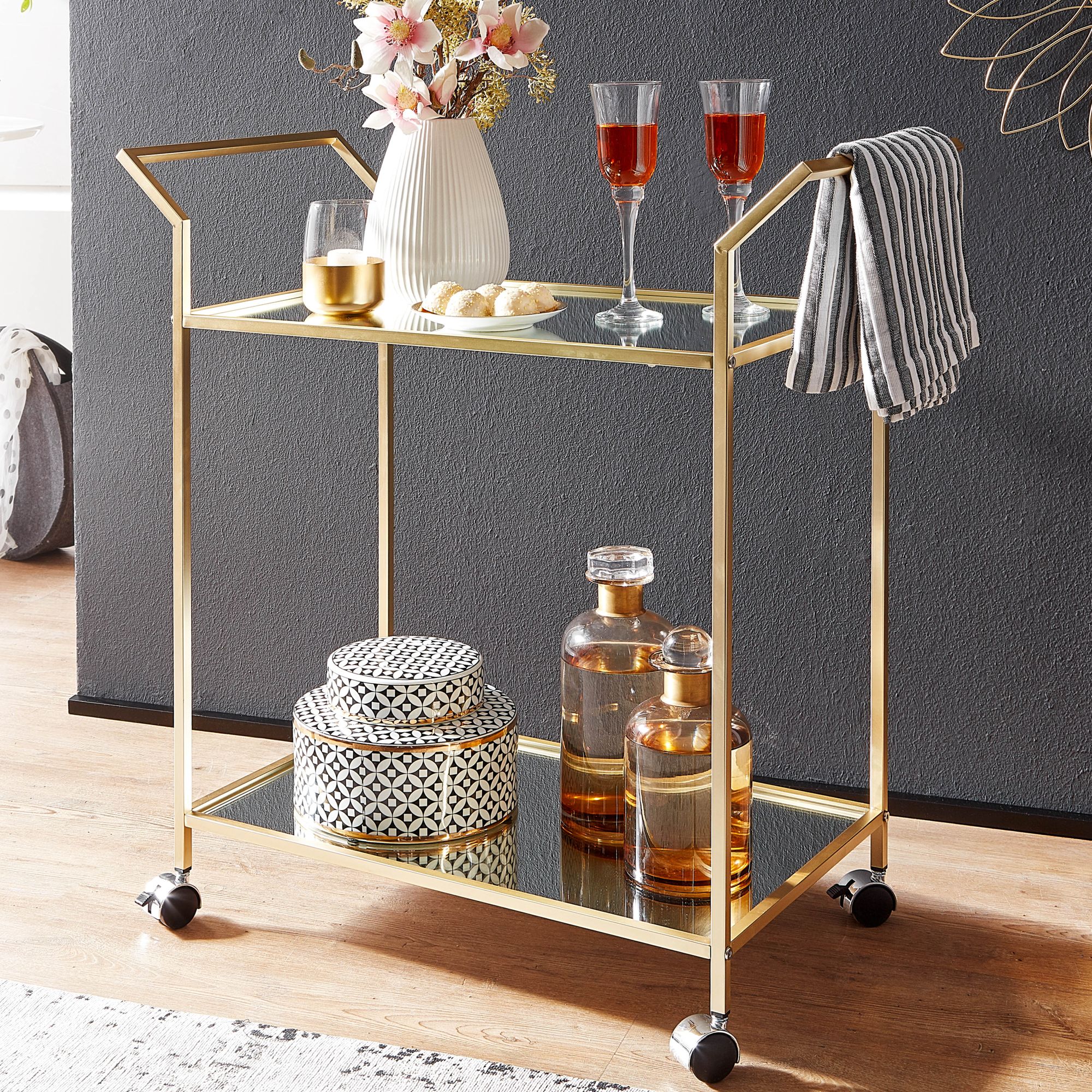Servierwagen FineBuy Teewagen Gold Beistelltisch Rollen Speisewagen Glas Metall – Ansicht 1