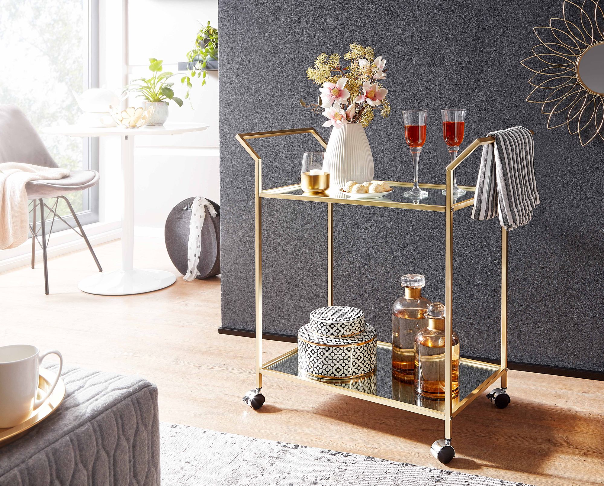 Servierwagen FineBuy Teewagen Gold Beistelltisch Rollen Speisewagen Glas Metall – Ansicht 2