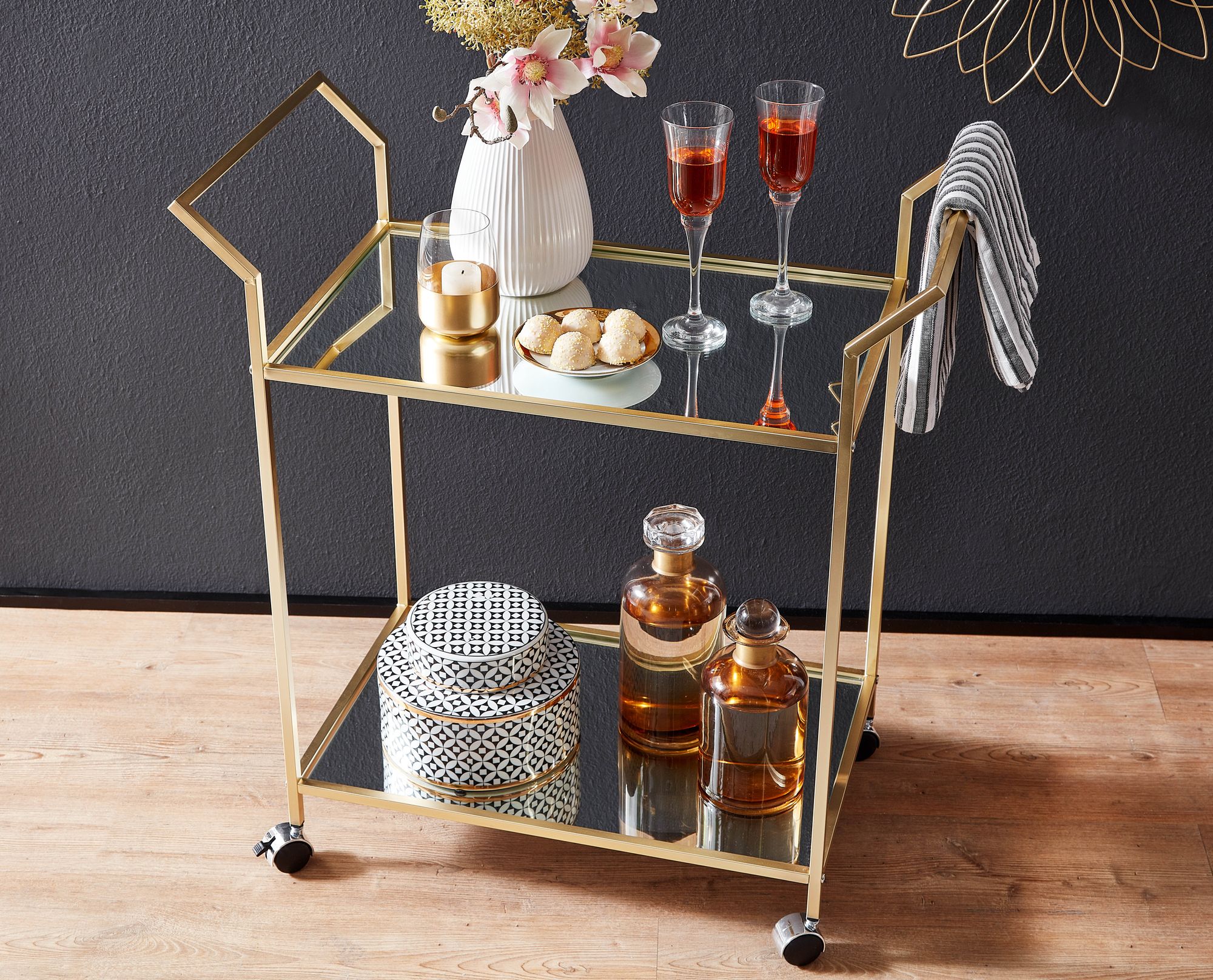 Servierwagen FineBuy Teewagen Gold Beistelltisch Rollen Speisewagen Glas Metall – Ansicht 4
