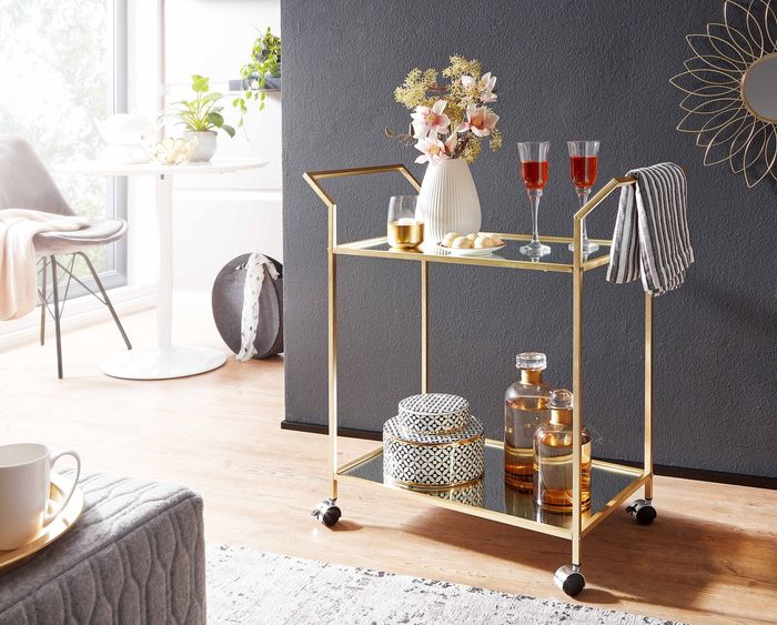 FineBuy Design Servierwagen Gold 73x78x37 cm Küchenwagen Glas / Metall, Mobiler Beistelltisch, Speisewagen mit Glasplatte, Teewagen Mini Bar auf 4 Rollen