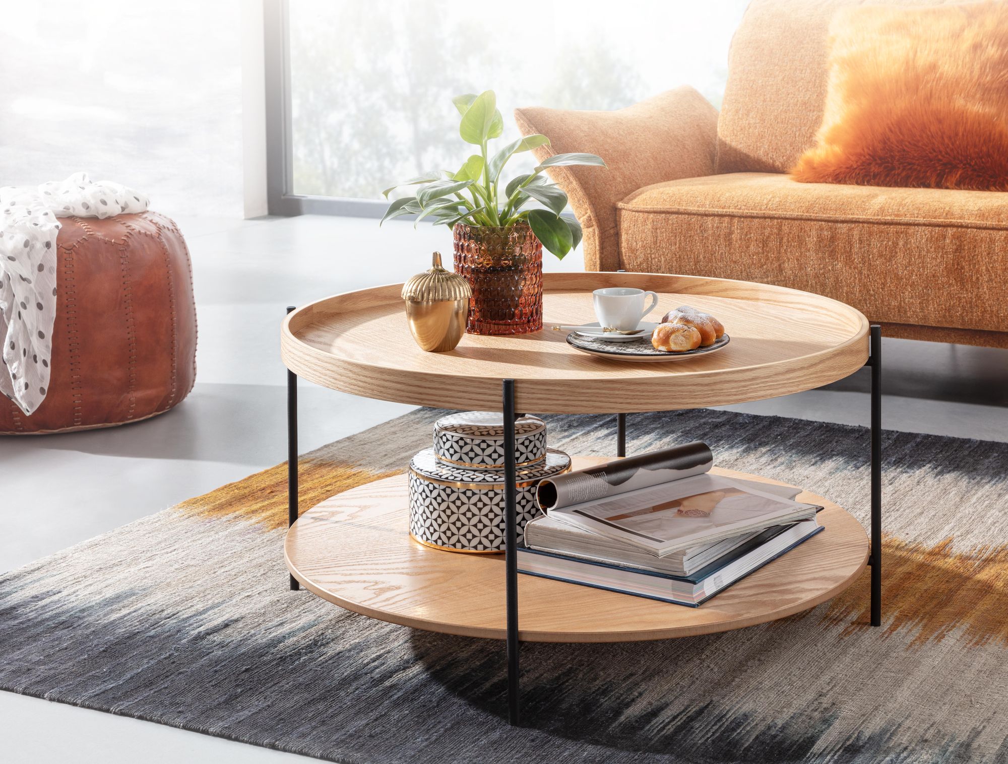 Couchtisch Rund 80cm Skandinavisches Eiche Design Wohnzimmertisch mit Ablage – Ansicht 2