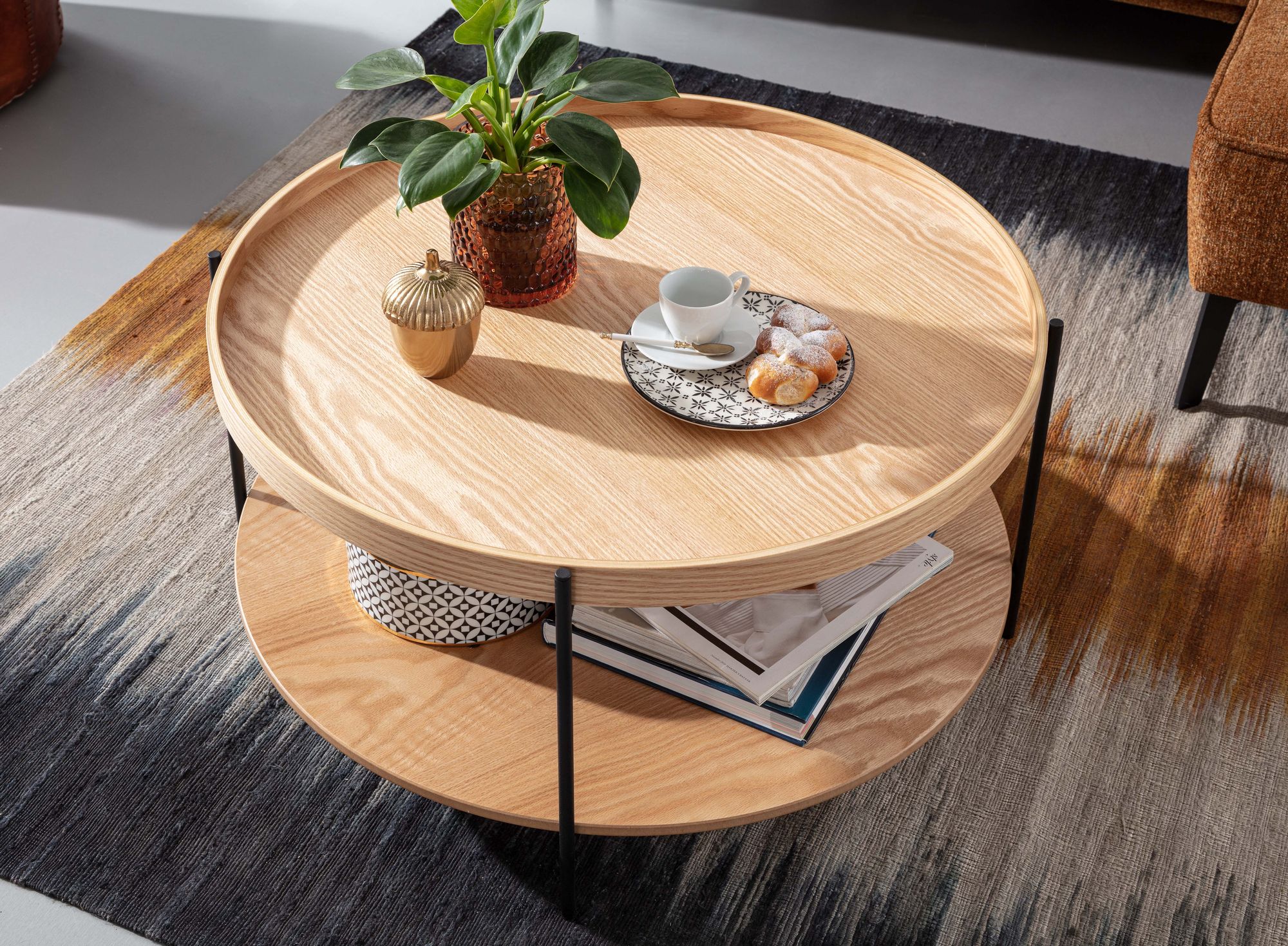 Couchtisch Rund 80cm Skandinavisches Eiche Design Wohnzimmertisch mit Ablage – Ansicht 4