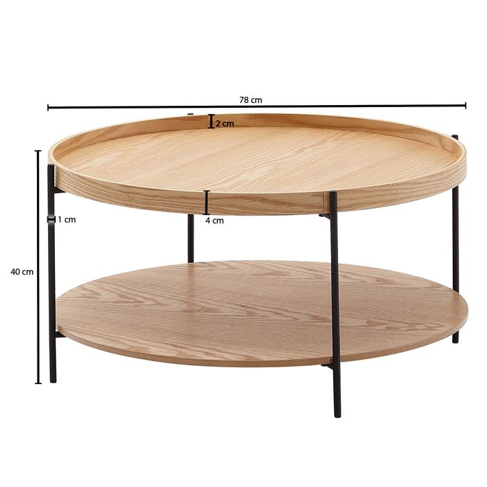 Couchtisch Rund 80cm Skandinavisches Eiche Design Wohnzimmertisch mit Ablage – Maßzeichnung