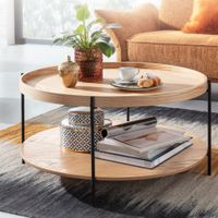Couchtisch Rund 80cm Skandinavisches Eiche Design Wohnzimmertisch mit Ablage – Ansicht 1