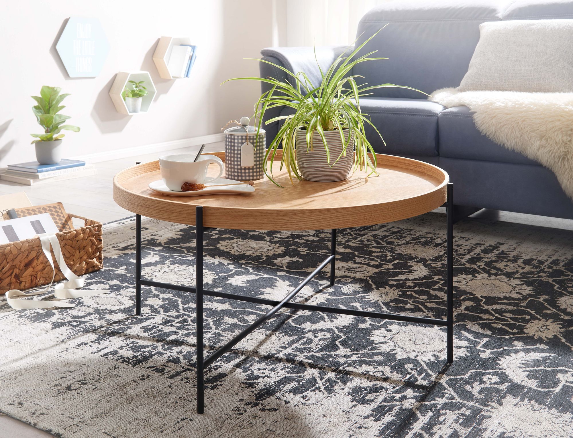 Couchtisch Rund 80cm Skandinavisches Eiche Design Wohnzimmertisch Kreuzgestell – Ansicht 2