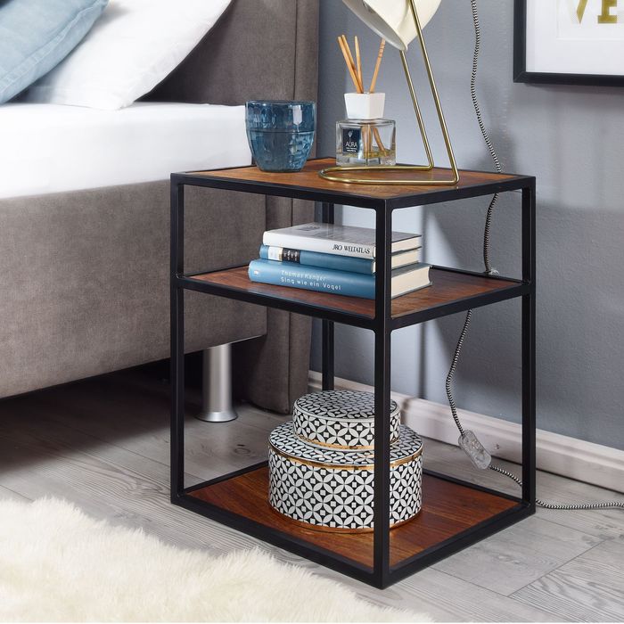 FineBuy Nachttisch Sheesham Massivholz / Metall 40x50x35 cm Beistelltisch Hoch, Design Nachtkonsole Boxspringbett mit Ablage, Industrial Wohnzimmertisch Hoch mit Stauraum 4251757708008