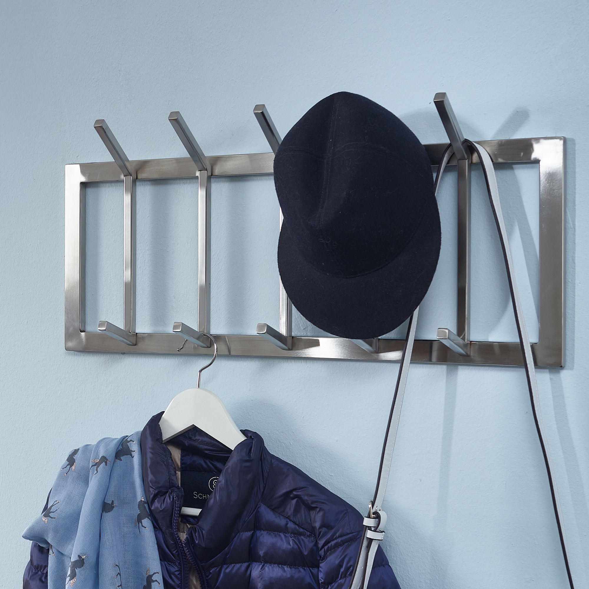 FineBuy Wandgarderobe Metall Silber 65 cm - Design Garderobenpaneel - Wand Garderobenleiste mit Hakenleiste -  10 Kleiderhaken