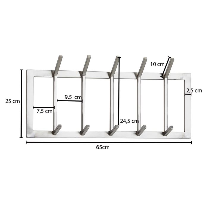 Wandgarderobe FineBuy Garderobe Metall 65 cm Silber Flur Hakenleiste Paneel – Maßzeichnung