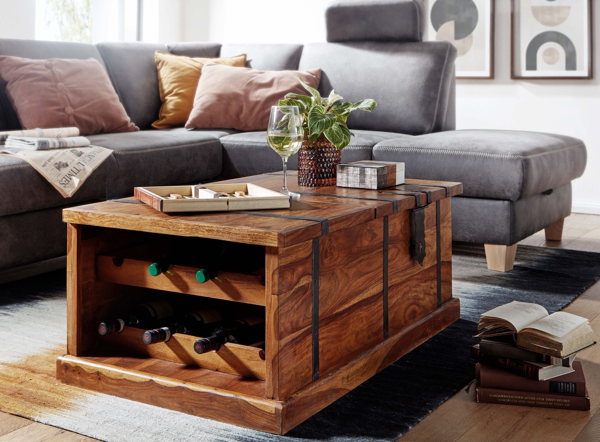 FineBuy Couchtisch Sheesham Massivholz Truhe mit Stauraum Wohnzimmertisch – Ansicht 2