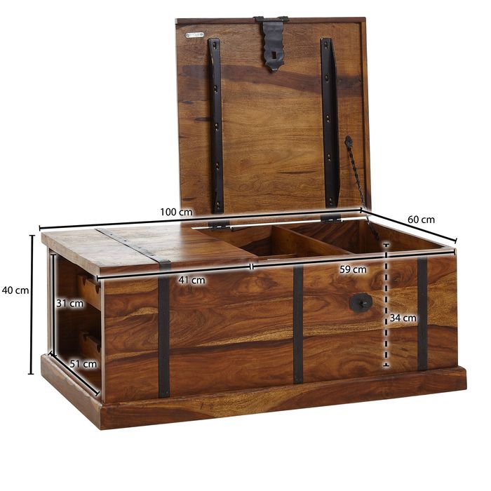 FineBuy Couchtisch Sheesham Massivholz Truhe mit Stauraum Wohnzimmertisch – Maßzeichnung