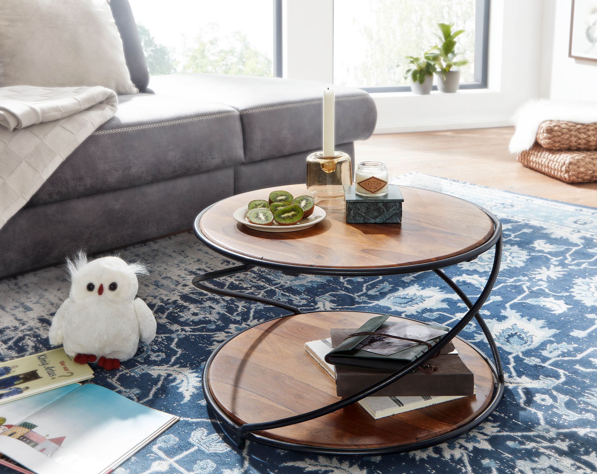 FineBuy Couchtisch Sheesham Massivholz rund Ø 58 cm Wohnzimmertisch Holz Metall – Ansicht 2