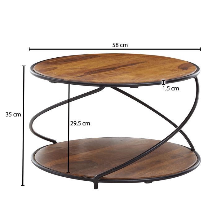 FineBuy Couchtisch Sheesham Massivholz rund Ø 58 cm Wohnzimmertisch Holz Metall – Maßzeichnung