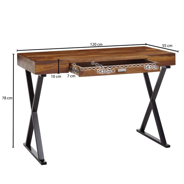 Schreibtisch FineBuy Bürotisch 120x55 cm Massivholz Metall Computertisch Tisch – Maßzeichnung