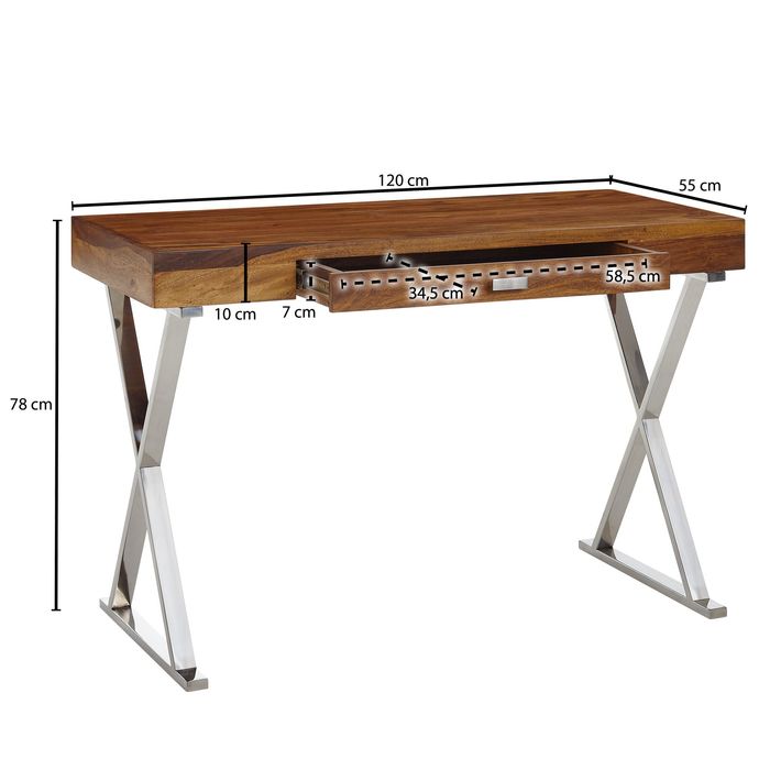 Schreibtisch FineBuy Bürotisch 120x55 cm Massivholz Metall Computertisch Tisch – Maßzeichnung