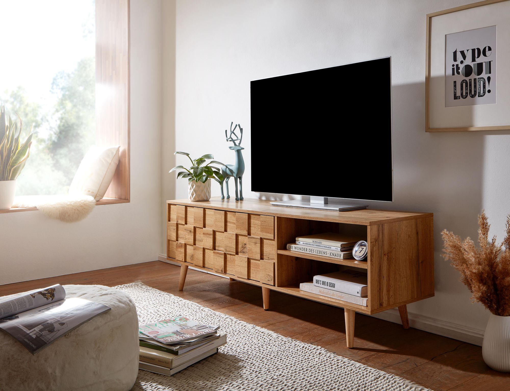 TV-Board Kommode 160cm MDF Eiche Dekor Design Front Lowboard mit 2 Türen Fernsehschrank – Ansicht 7