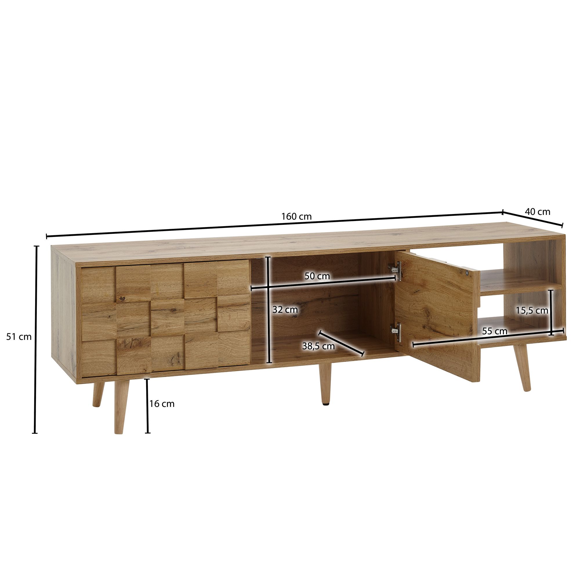 TV-Board Kommode 160cm MDF Eiche Dekor Design Front Lowboard mit 2 Türen Fernsehschrank – Ansicht 3