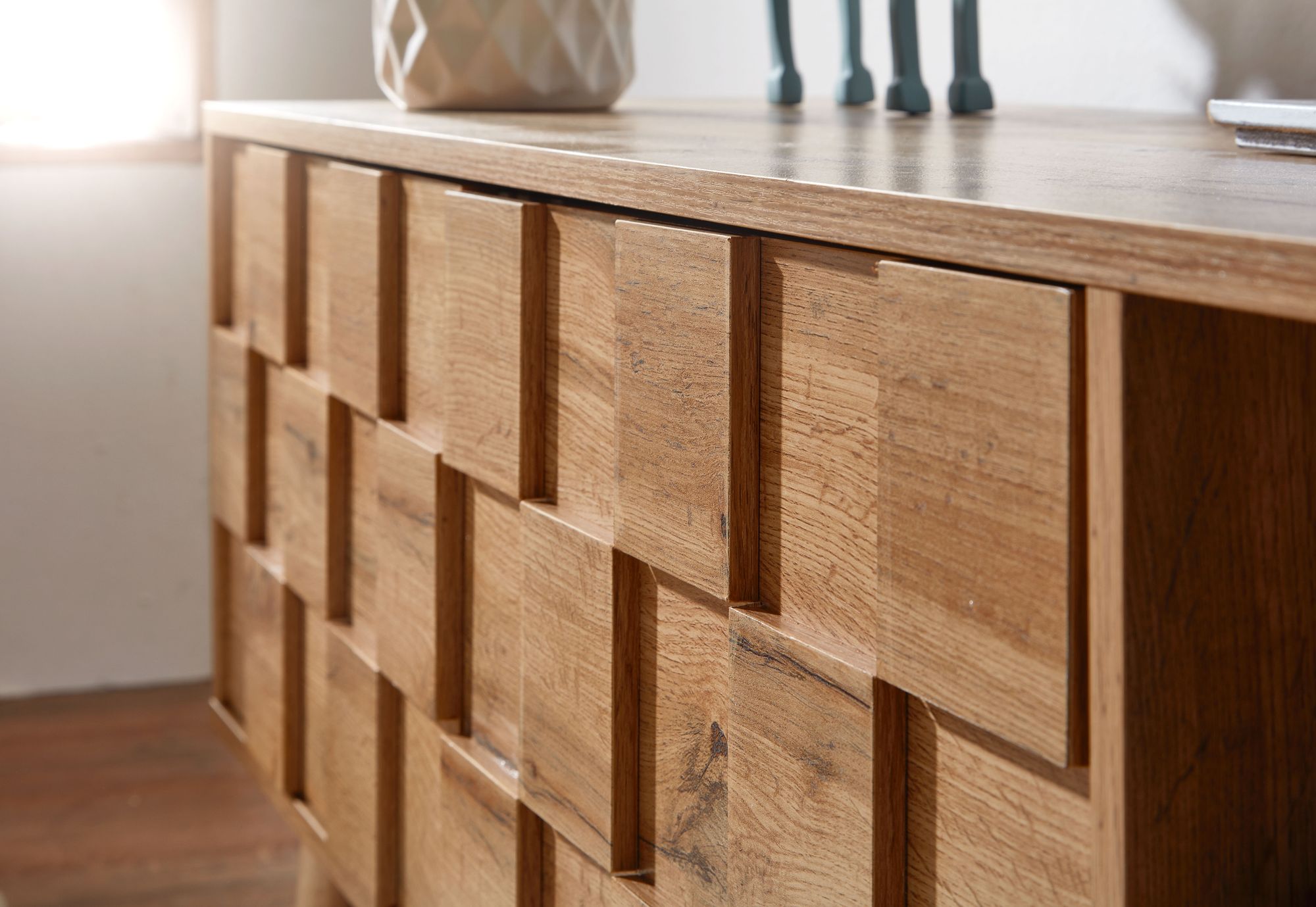 TV-Board Kommode 160cm MDF Eiche Dekor Design Front Lowboard mit 2 Türen Fernsehschrank – Ansicht 4