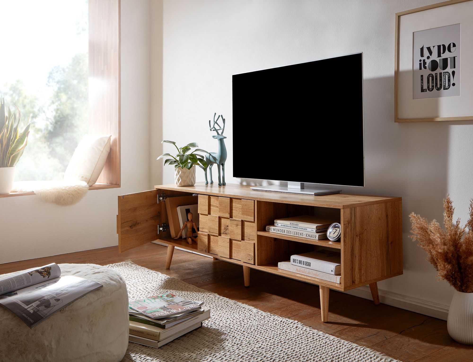 TV-Board Kommode 160cm MDF Eiche Dekor Design Front Lowboard mit 2 Türen Fernsehschrank – Ansicht 2