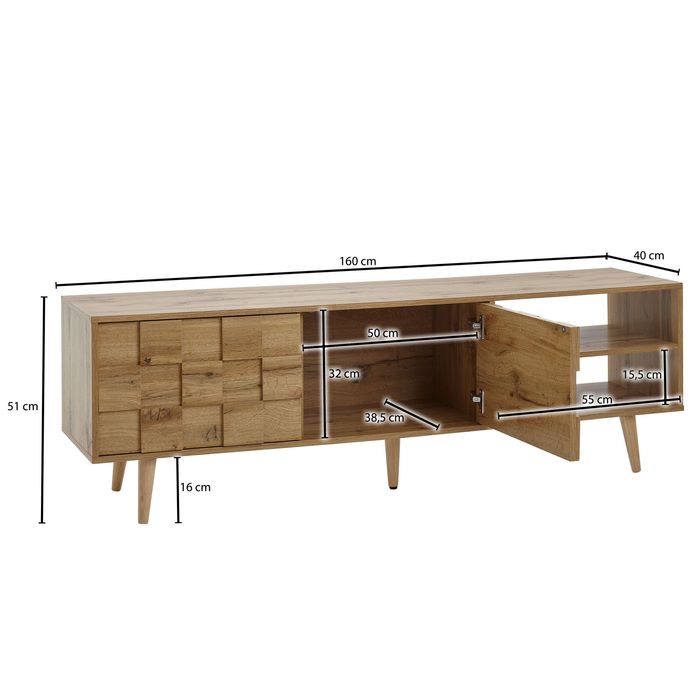 TV-Board Kommode 160cm MDF Eiche Dekor Design Front Lowboard mit 2 Türen Fernsehschrank – Maßzeichnung