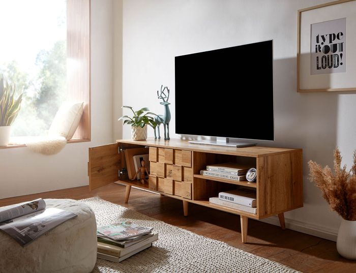 FineBuy Lowboard Holz Eiche-Dekor 160x51x40 cm TV-Kommode mit zwei Türen, Design TV-Schrank Hoch, Fernsehtisch Fernsehschrank Modern, Fernsehkommode Wohnzimmer 4251757708220