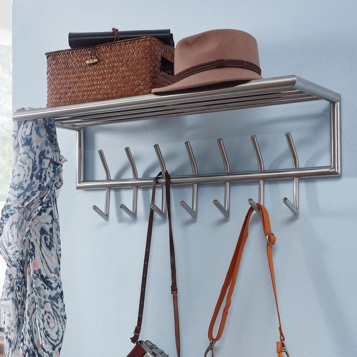 FineBuy Wandgarderobe Metall Silber 74,5x39x19,5 cm Flurgarderobe mit Ablage, Design Hakenleiste Wandpaneel Stahl, Garderobe Wand mit Hutablage, Garderobenleiste Flur 4251757708268