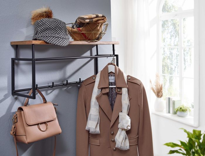 FineBuy Design Wandgarderobe Mango Massivholz Metall 71x29x20 cm, Hakenleiste mit Ablage und Kleiderstange, Flurgarderobe Garderobe Wand Holz 4251757708275