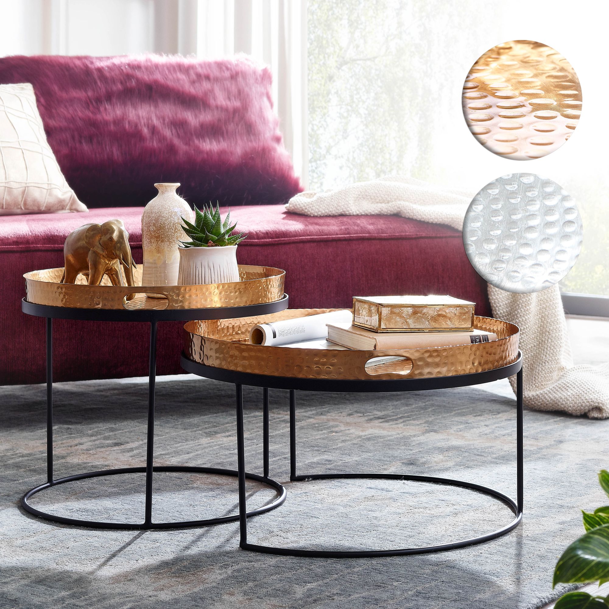 FineBuy Couchtisch 2er Set Metall Hammerschlag Satztisch Rund, Sofatisch abnehmbares Tablett, Tabletttisch Sofa 2 teilig Modern, Runder Beistelltisch | Farbe: Silber FineBuy Couchtisch 2er Set Metall Hammerschlag Satztisch Rund, Sofatisch abnehmbares Tablett, Tabletttisch Sofa 2 teilig Modern, Runder Beistelltisch | Farbe: Silber