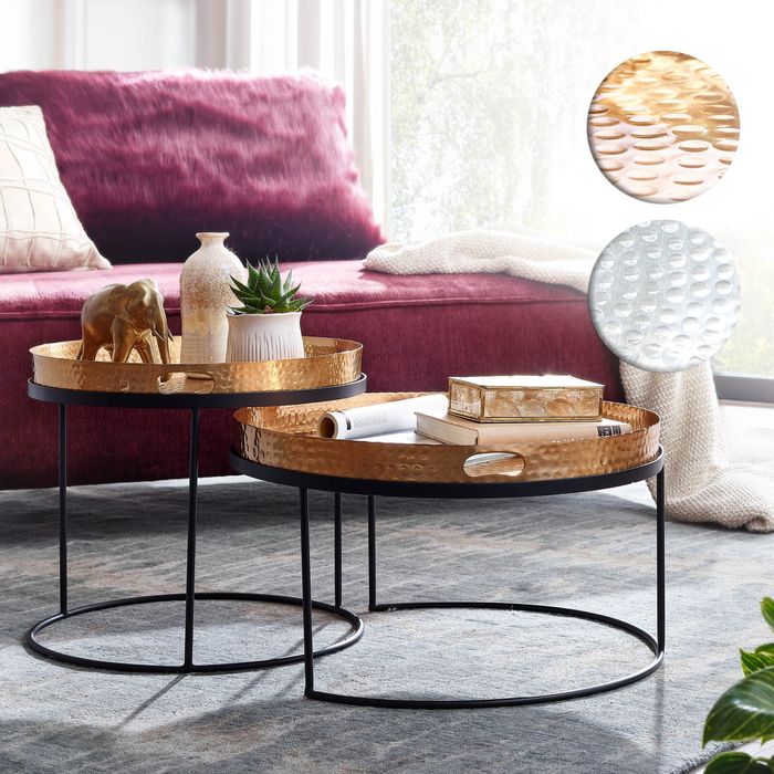 FineBuy Couchtisch 2er Set Metall Hammerschlag Satztisch Rund, Sofatisch abnehmbares Tablett, Tabletttisch Sofa 2 teilig Modern, Runder Beistelltisch