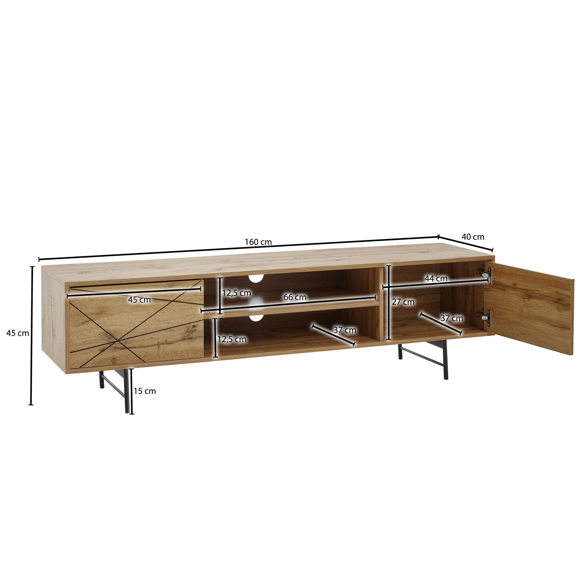 TV-Board Kommode 160cm MDF Eiche Dekor Design Lowboard mit 2 Türen & Ablage Fernsehschrank – Ansicht 3
