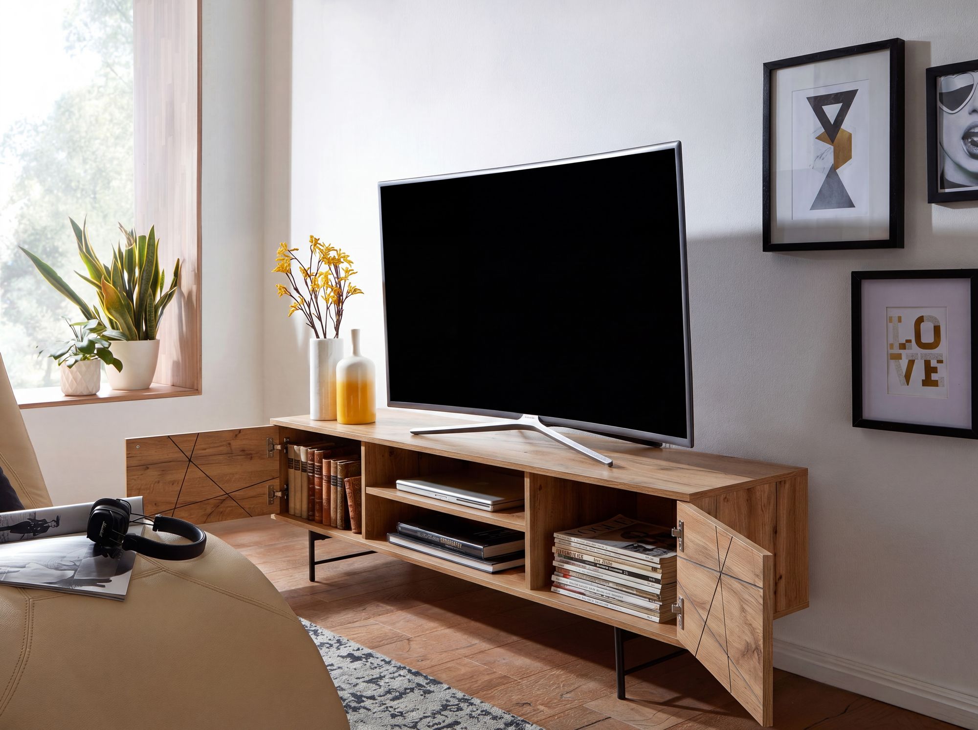 TV-Board Kommode 160cm MDF Eiche Dekor Design Lowboard mit 2 Türen & Ablage Fernsehschrank – Ansicht 2