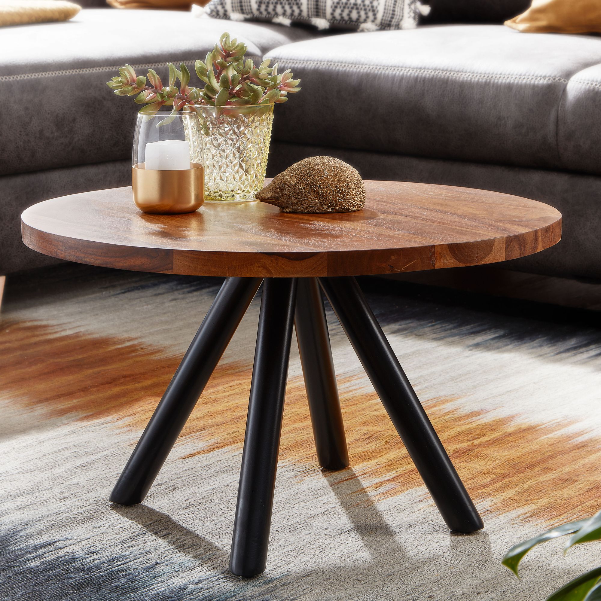 Couchtisch Sheesham Massivholz rund Ø60cm Wohnzimmertisch Metallbeine Industrial – Ansicht 1