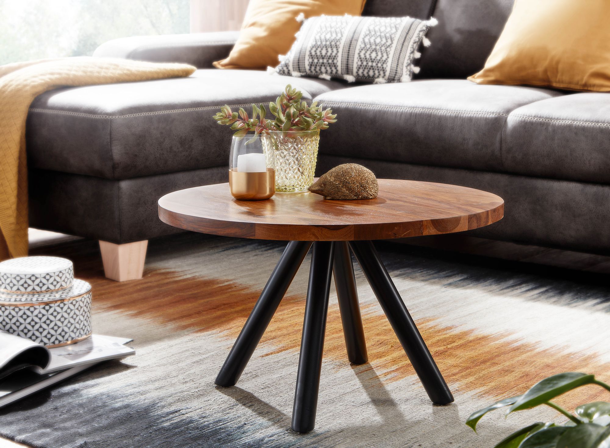 Couchtisch Sheesham Massivholz rund Ø60cm Wohnzimmertisch Metallbeine Industrial – Ansicht 2