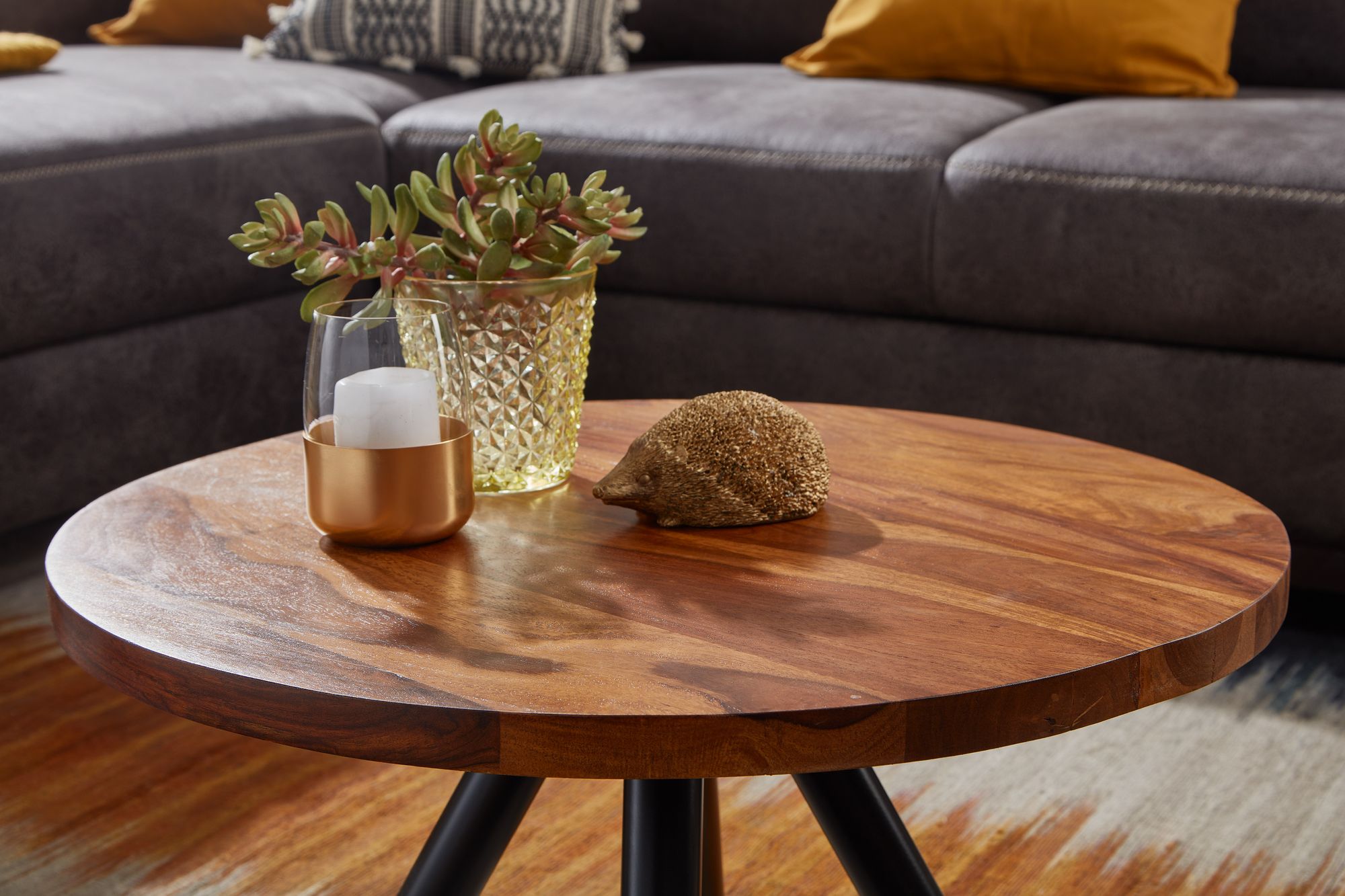 Couchtisch Sheesham Massivholz rund Ø60cm Wohnzimmertisch Metallbeine Industrial – Ansicht 4