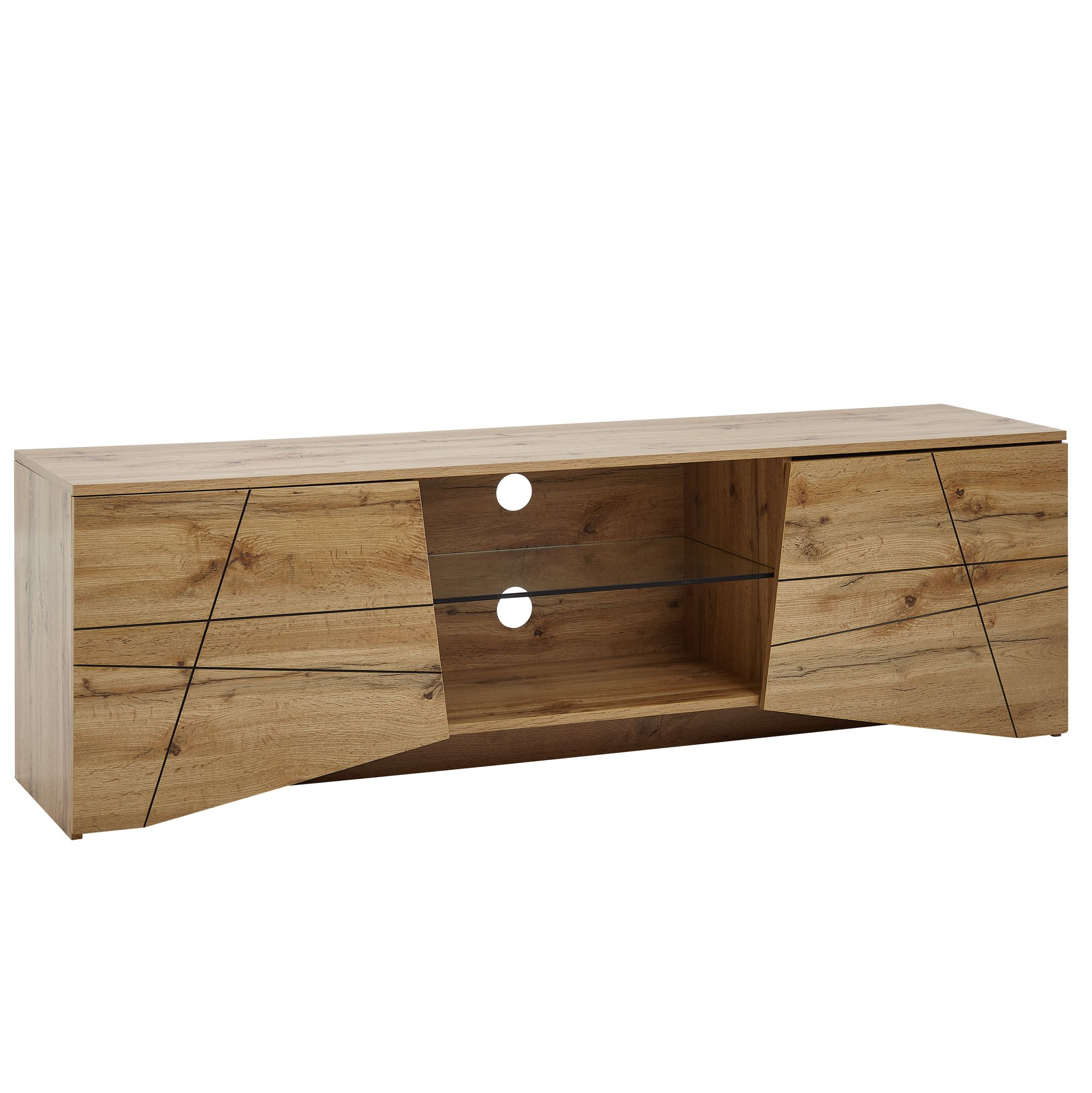 TV-Board Kommode 160cm MDF Eiche Dekor Design Lowboard mit 2 Türen & Glas Ablage Fernsehschrank – Ansicht 6
