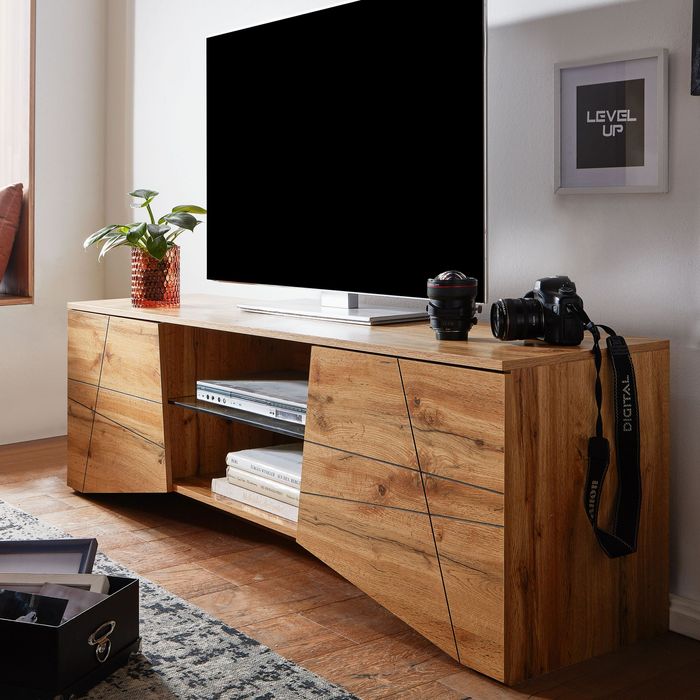 TV-Board Kommode 160cm MDF Eiche Dekor Design Lowboard mit 2 Türen & Glas Ablage Fernsehschrank