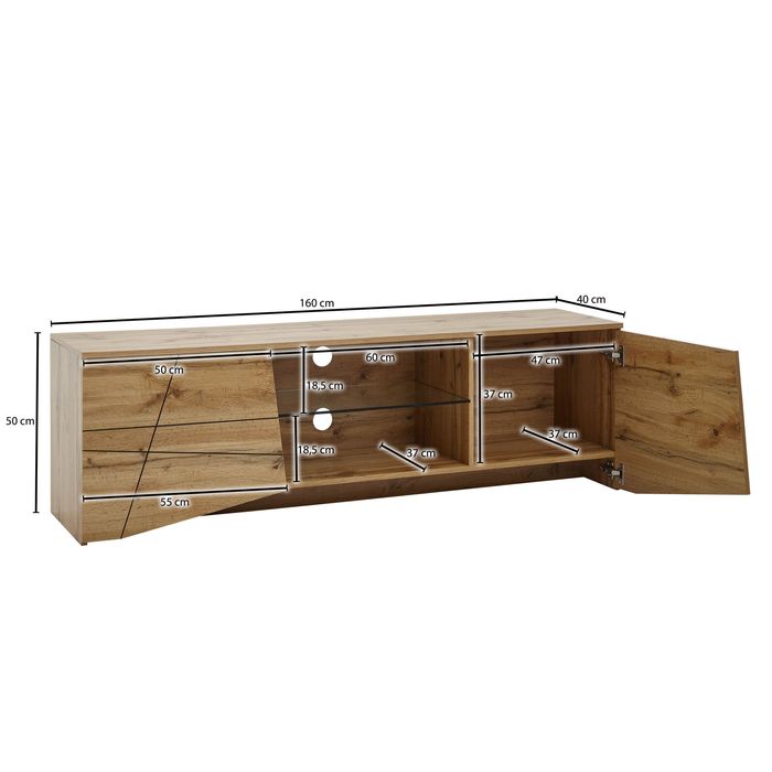 TV-Board Kommode 160cm MDF Eiche Dekor Design Lowboard mit 2 Türen & Glas Ablage Fernsehschrank – Maßzeichnung