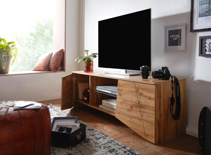 FineBuy Lowboard Holz Eiche-Dekor 160x50x40 cm TV-Kommode mit zwei Türen, Design TV-Schrank Hoch, Fernsehtisch Fernsehschrank Modern, Fernsehkommode Wohnzimmer