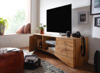 TV-Board Kommode 160cm MDF Eiche Dekor Design Lowboard mit 2 Türen & Glas Ablage Fernsehschrank – Ansicht 2