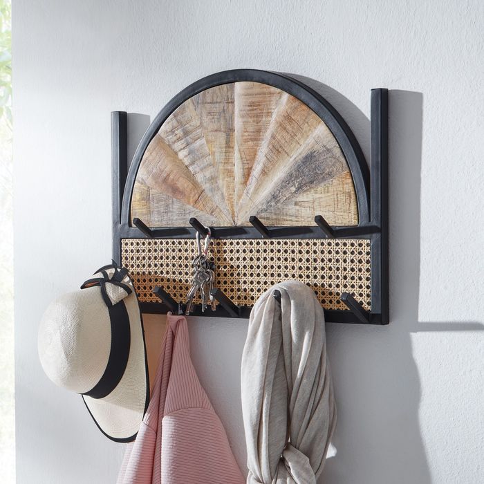 FineBuy Wandgarderobe Mango Massivholz / Rattan 53x40x7,5 cm Design Flurgarderobe, Hakenleiste Wiener Geflecht, Wandpaneel Metall, Garderobe Wand, Garderobenleiste Flur 4251757708527