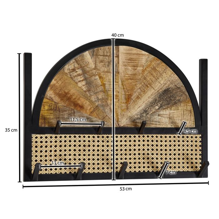 Wandgarderobe FineBuy Massivholz 53 cm Garderobe Flur Wiener Geflecht Paneel – Maßzeichnung
