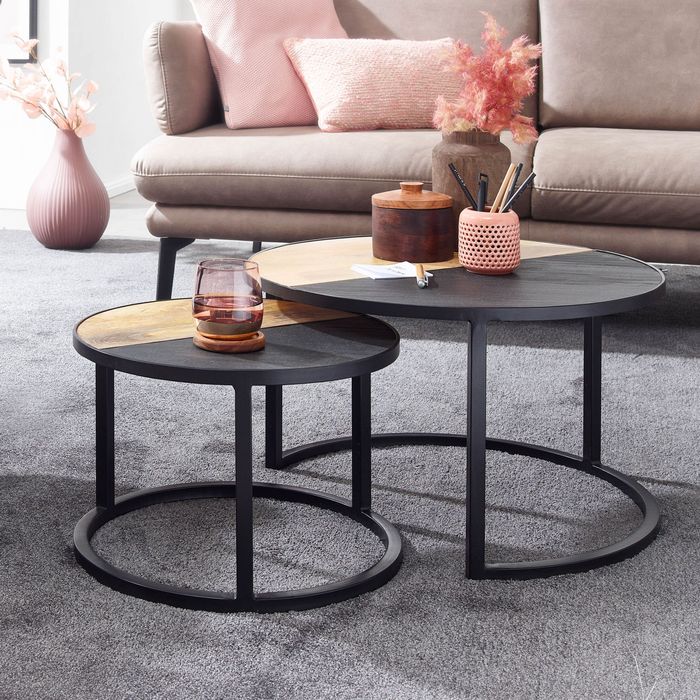 FineBuy Couchtisch 2er Set Mango Massivholz / Stein-Optik Sofatisch Rund Modern, Design Beistelltisch 2-teilig, Runde Wohnzimmertische, Holztisch Satztische Metall
