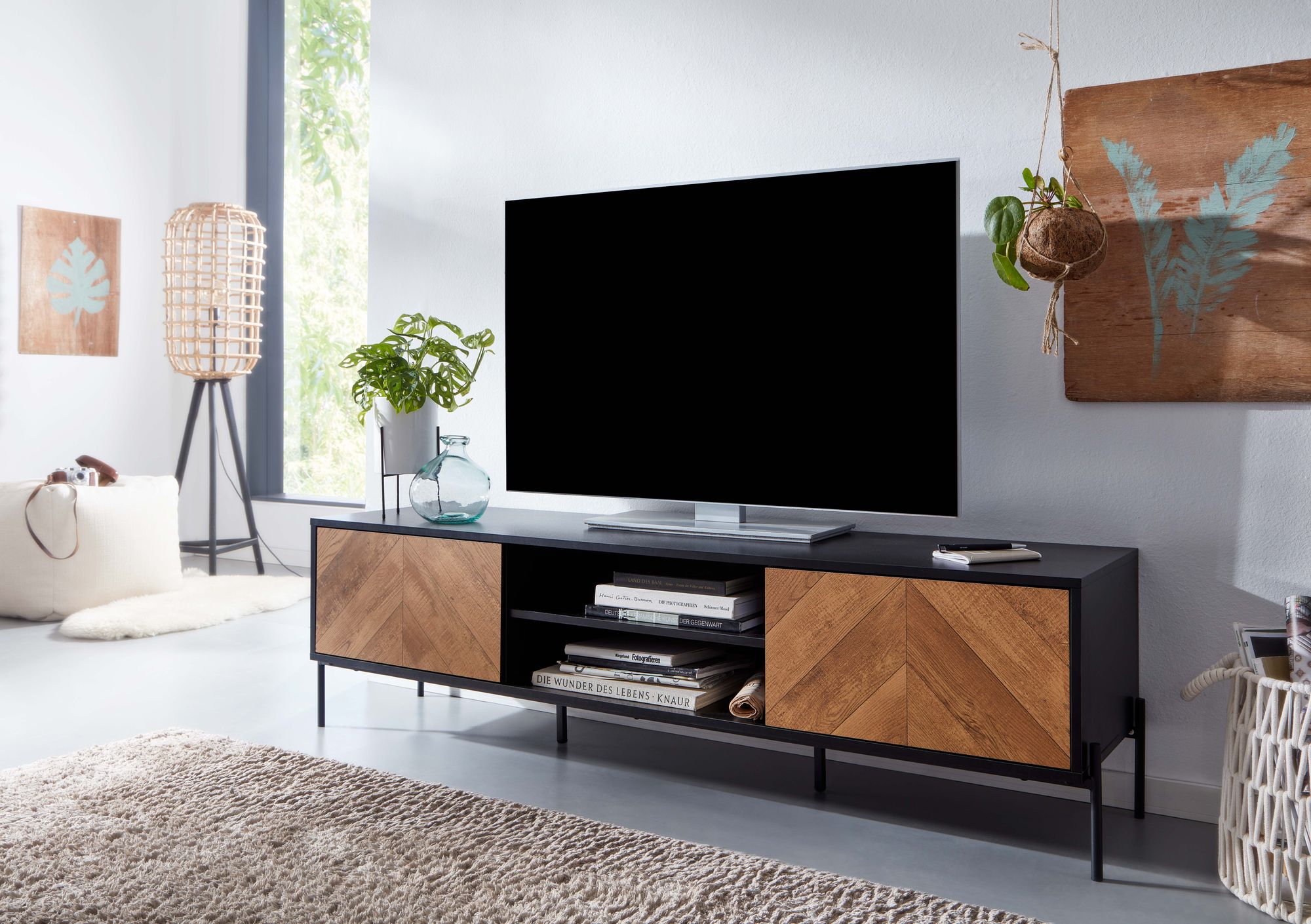 TV-Board Kommode 160cm MDF Eiche Schwarz Dekor Design Lowboard mit 2 Türen Fernsehschrank – Ansicht 5