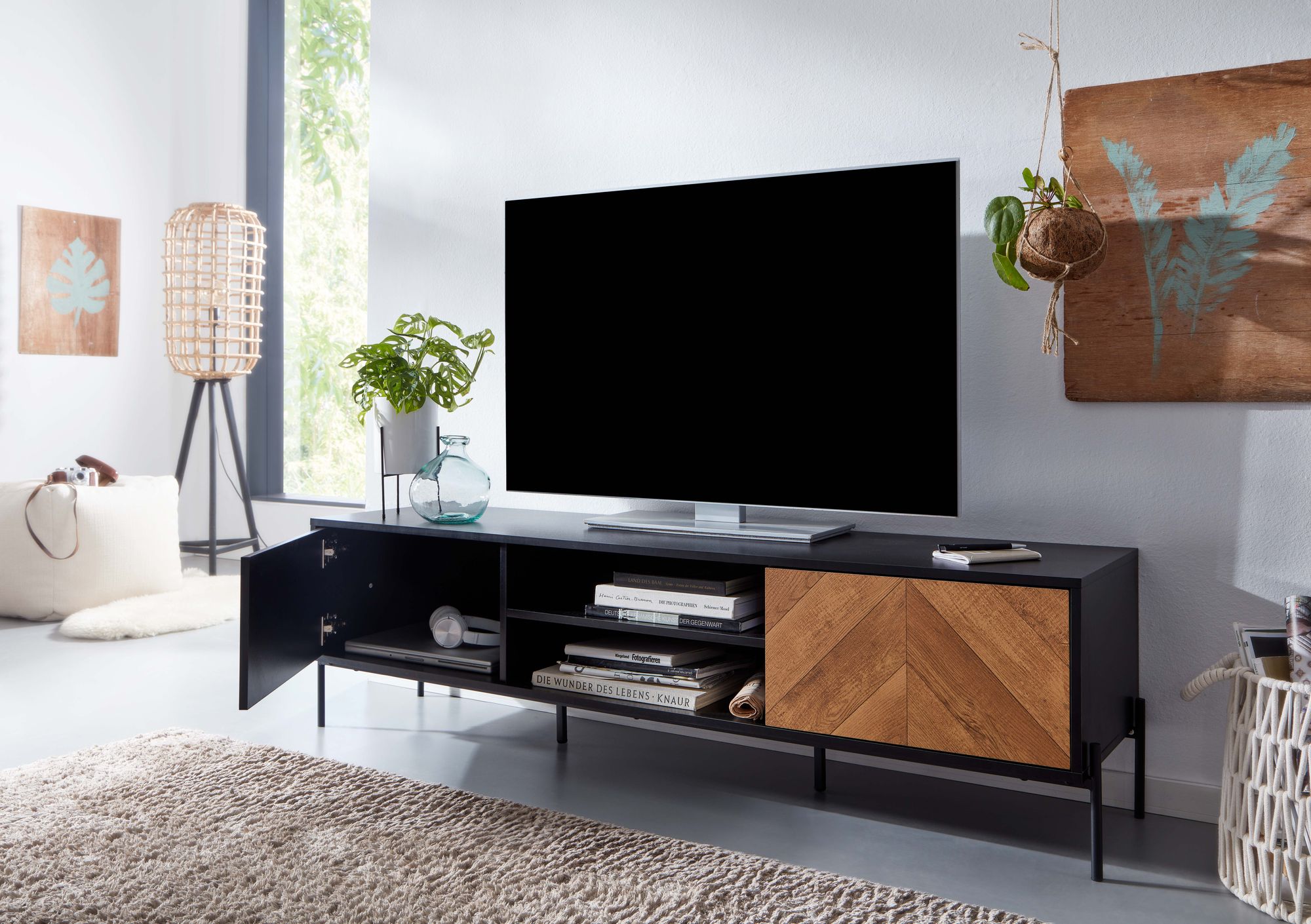 TV-Board Kommode 160cm MDF Eiche Schwarz Dekor Design Lowboard mit 2 Türen Fernsehschrank – Ansicht 2
