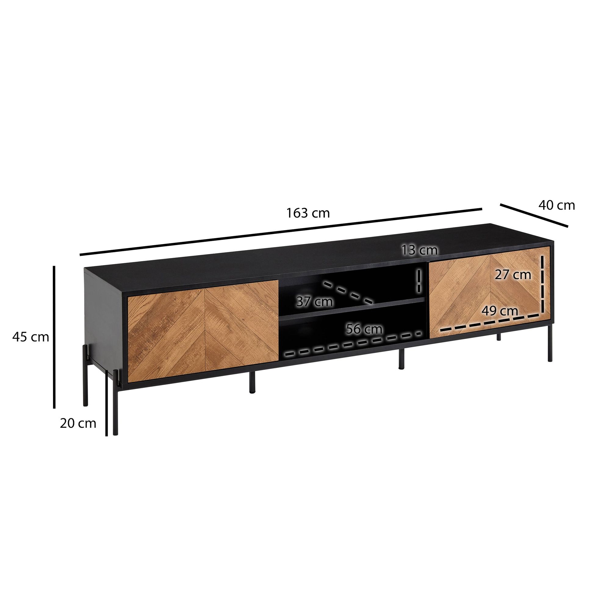 TV-Board Kommode 160cm MDF Eiche Schwarz Dekor Design Lowboard mit 2 Türen Fernsehschrank – Ansicht 3