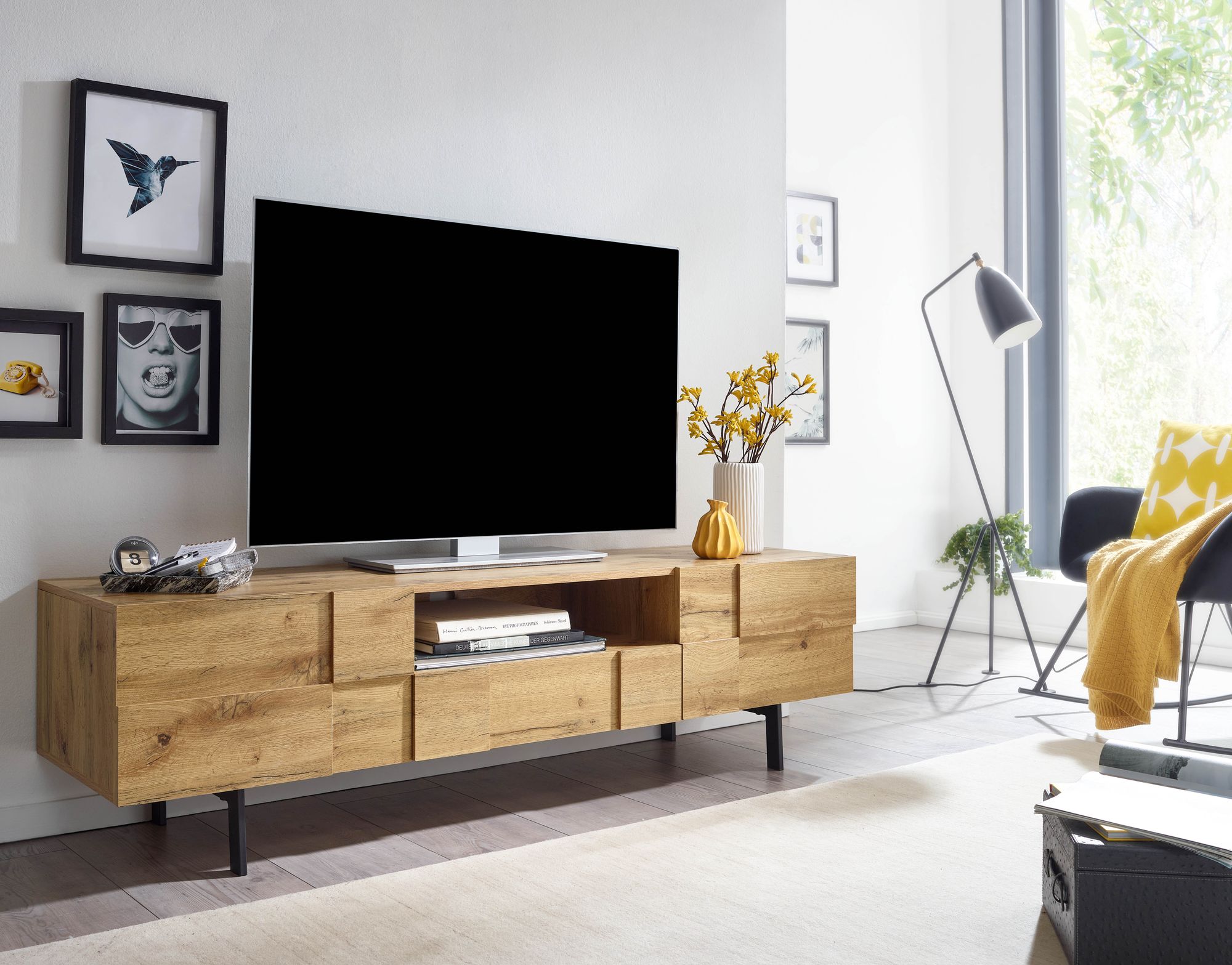 TV-Board Kommode 160cm MDF Eiche Dekor Design Lowboard mit 2 Türen & Schublade Fernsehschrank – Ansicht 7